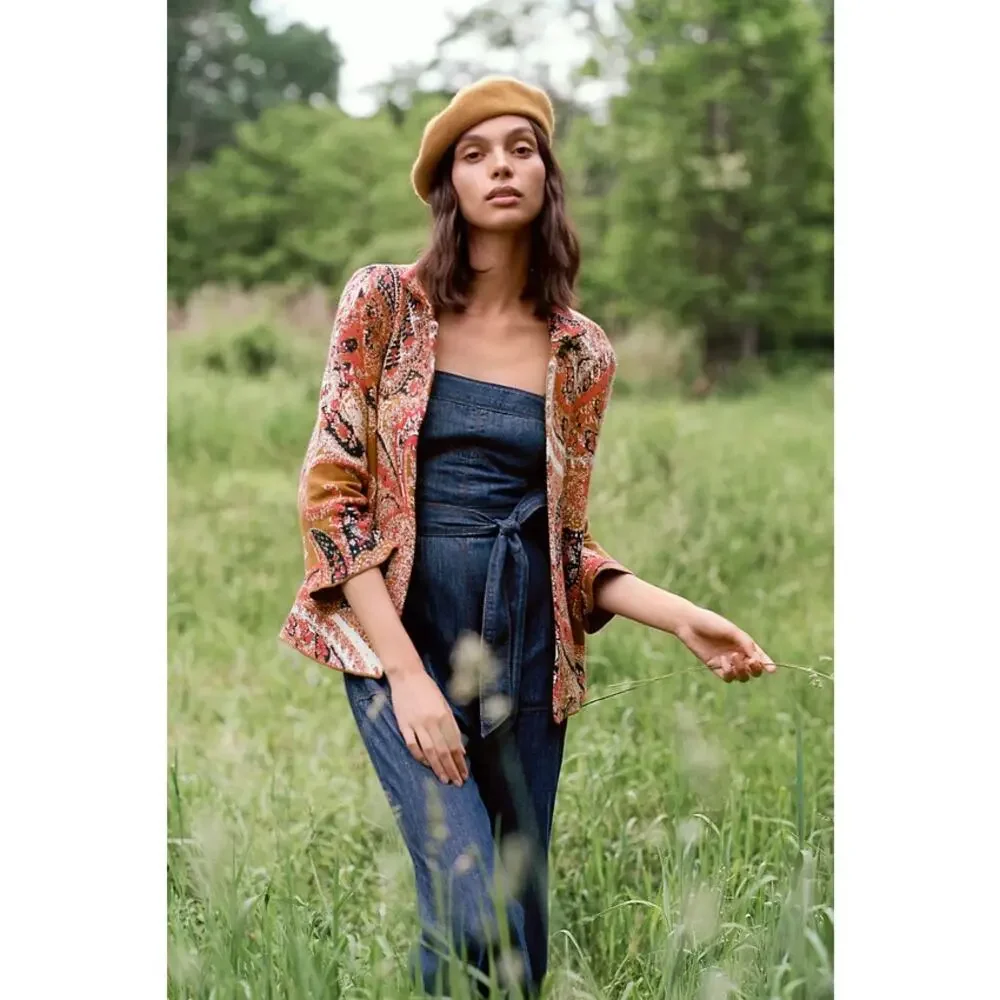 Moth By Anthropologie‎ XS Retro Intarsia Paisley Boho 3/4 Sleeve Blazer Jacket
